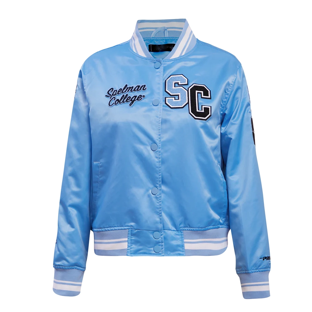 Woman's Spelman College Jaguars Classic Blue Satin Varsity Jacket