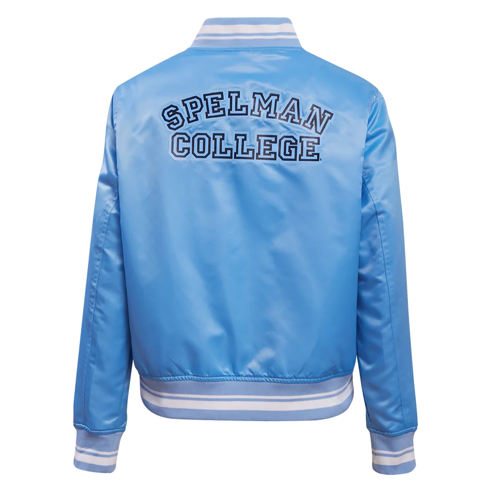 Woman's Spelman College Jaguars Classic Blue Satin Varsity Jacket - Image 4
