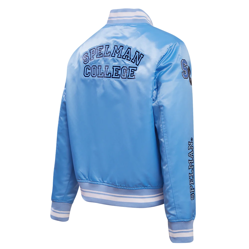 Woman's Spelman College Jaguars Classic Blue Satin Varsity Jacket - Image 3