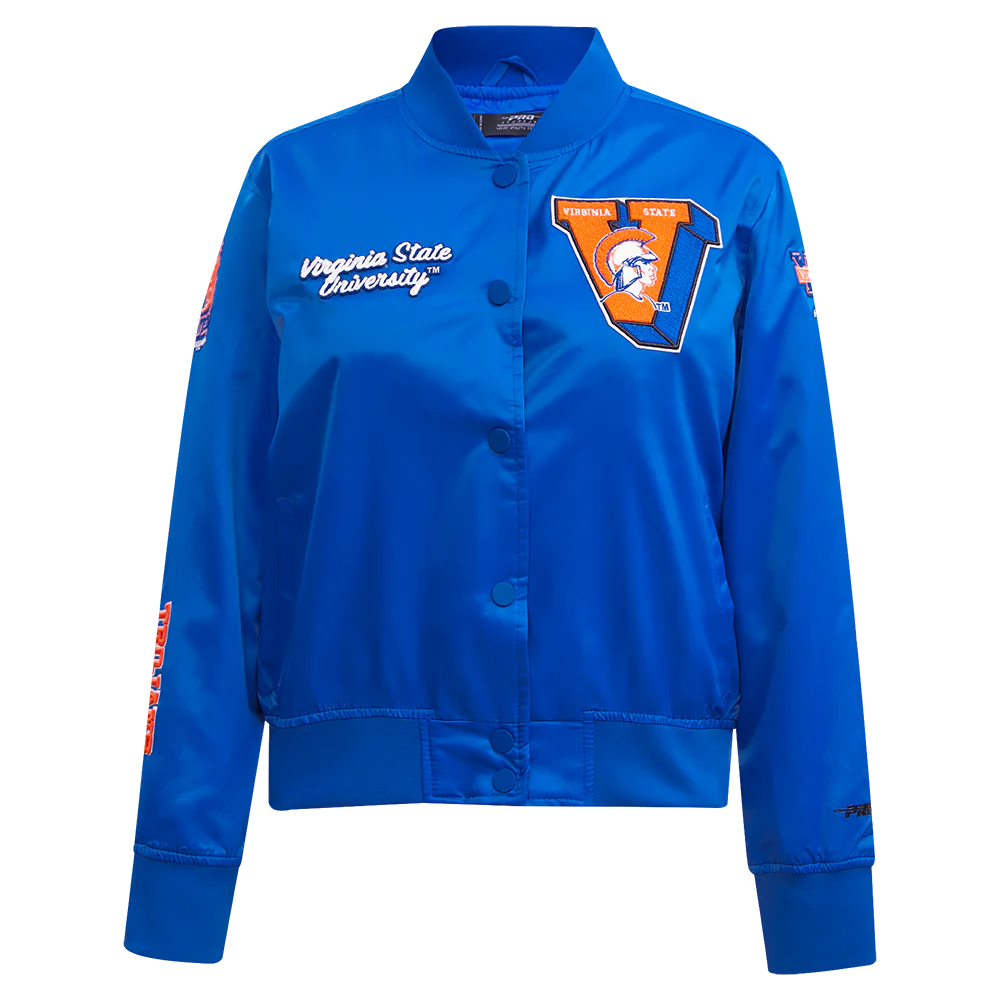 Woman's The Virginia State Trojans Classic Blue Satin Varsity Jacket