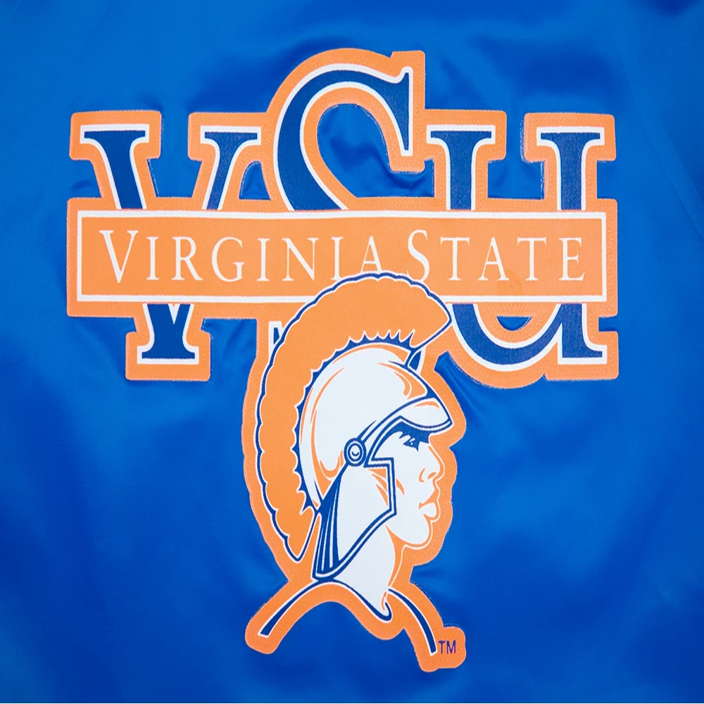 Woman's The Virginia State Trojans Classic Blue Satin Varsity Jacket - Image 7