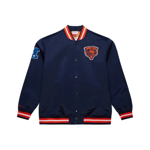 Chicago Bears Double Down Navy Satin Varsity Jacket - Image 3