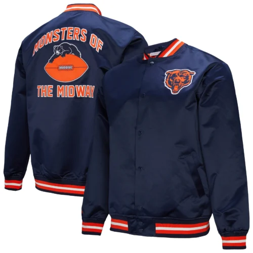 Chicago Bears Double Down Navy Satin Varsity Jacket - Image 8