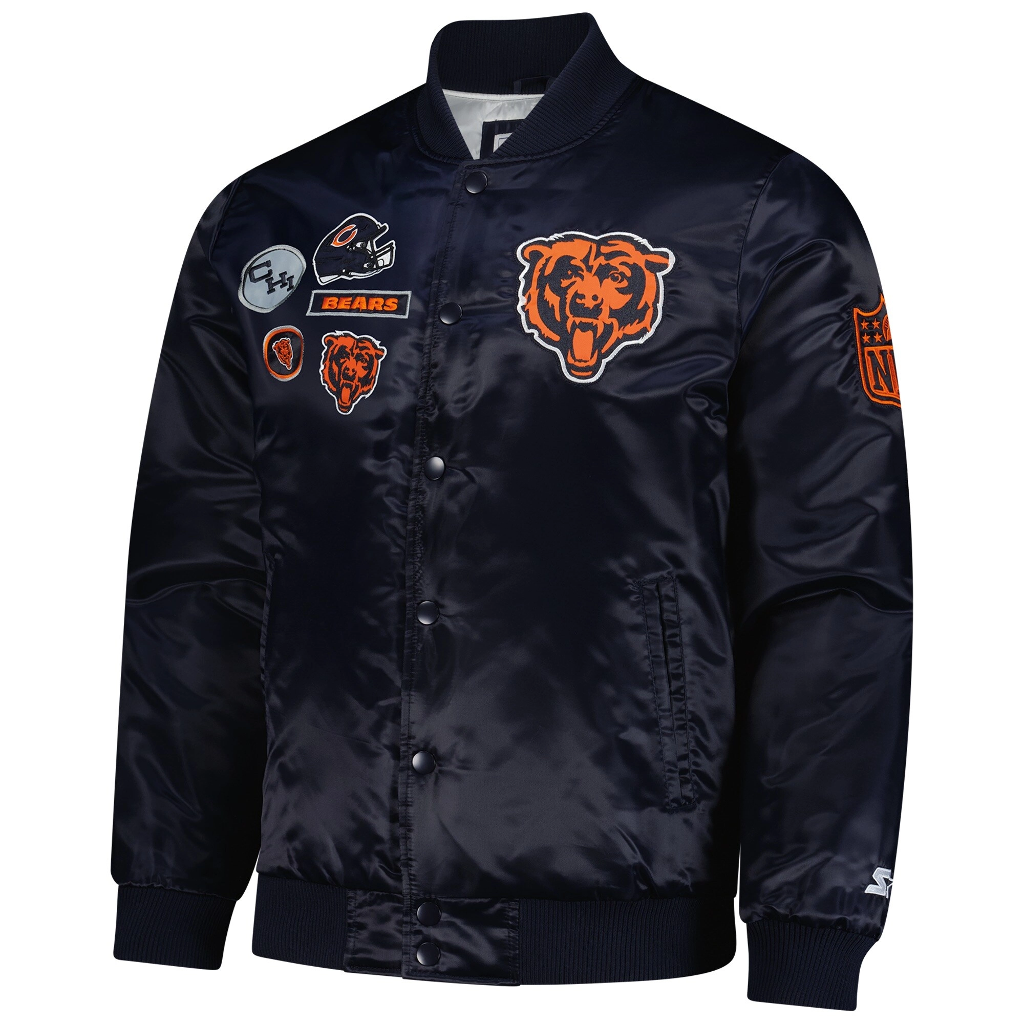 Chicago Bears Exclusive Full-Snap Navy Satin Varsity Jacket