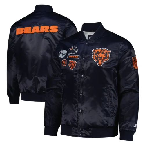 Chicago Bears Exclusive Full-Snap Navy Satin Varsity Jacket - Image 3