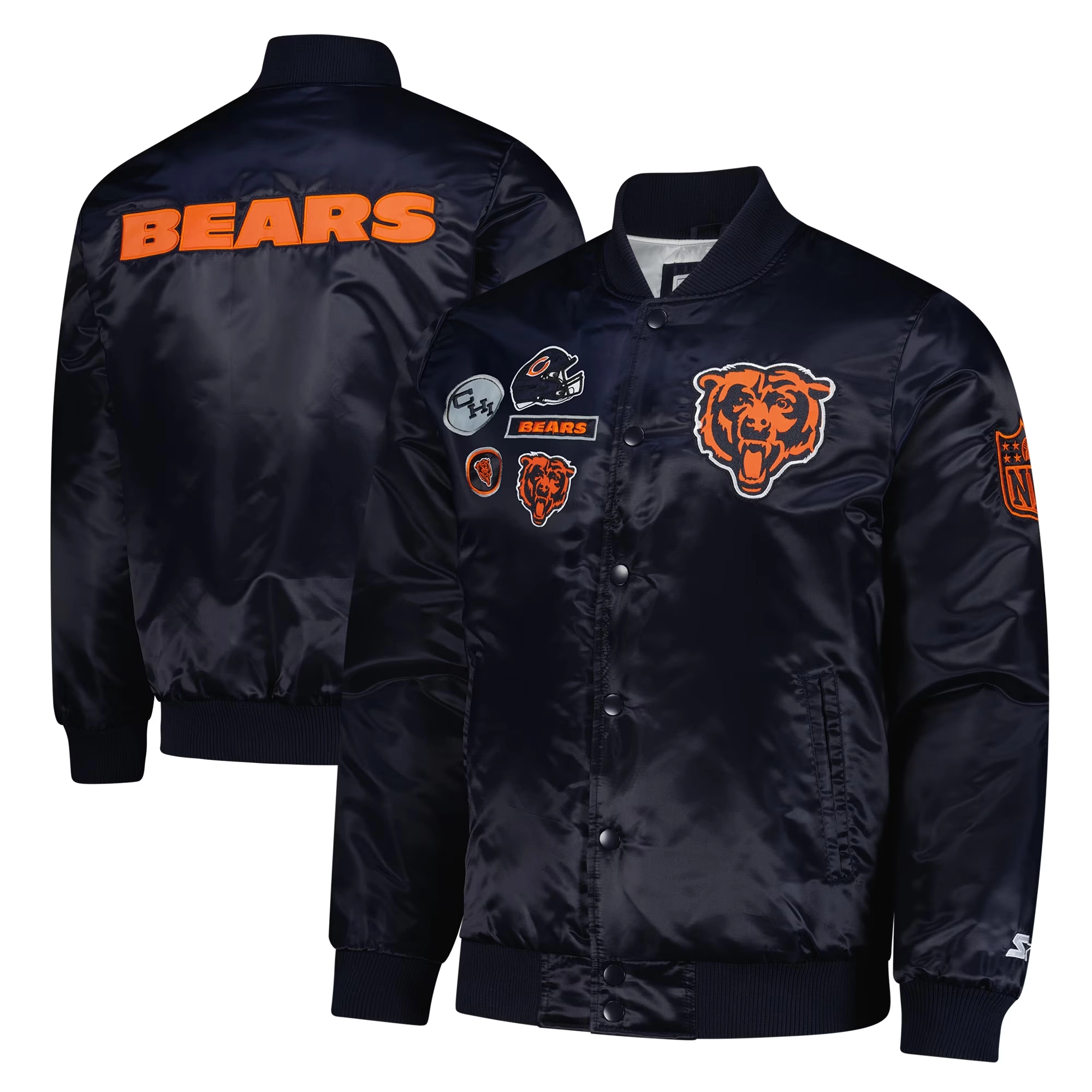 Chicago Bears Exclusive Full-Snap Navy Satin Varsity Jacket - Image 3