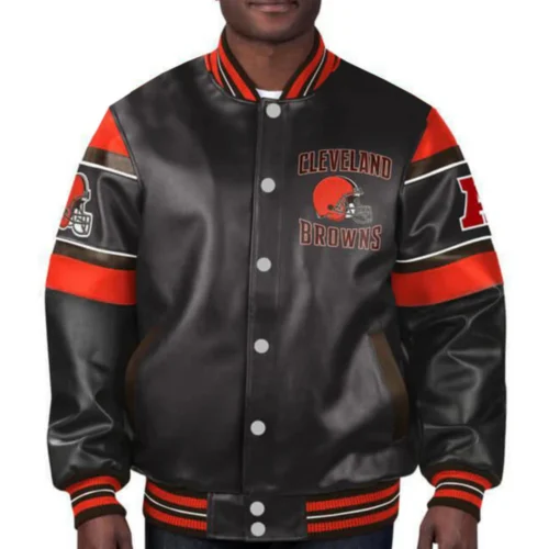 Cleveland Browns Full-Snap Black Leather Bomber Jacket