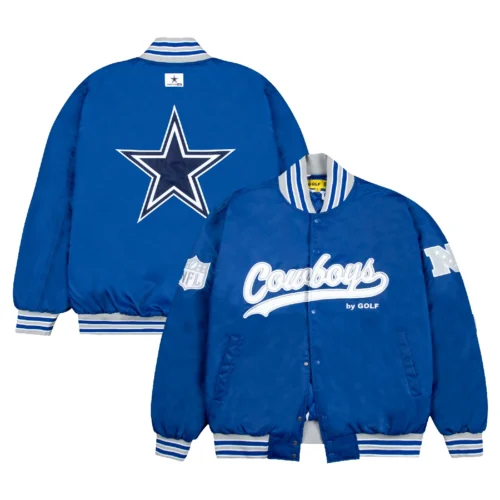 Dallas Cowboys Golf Wang Wool & Leather Blue Bomber Varsity Jacket - Image 3