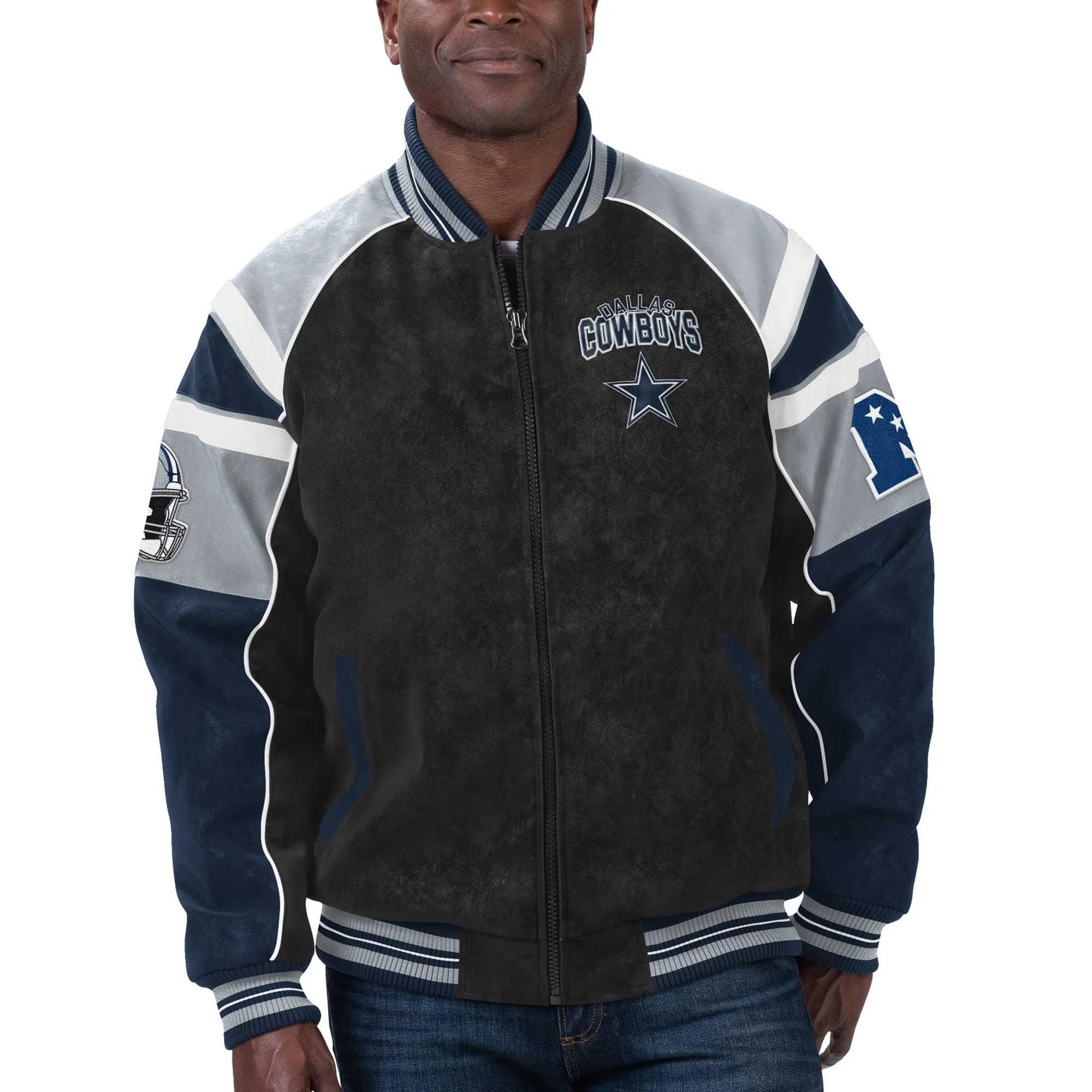 Dallas Cowboys Suede Black/Navy Full-Zip Suede Leather Varsity Jacket