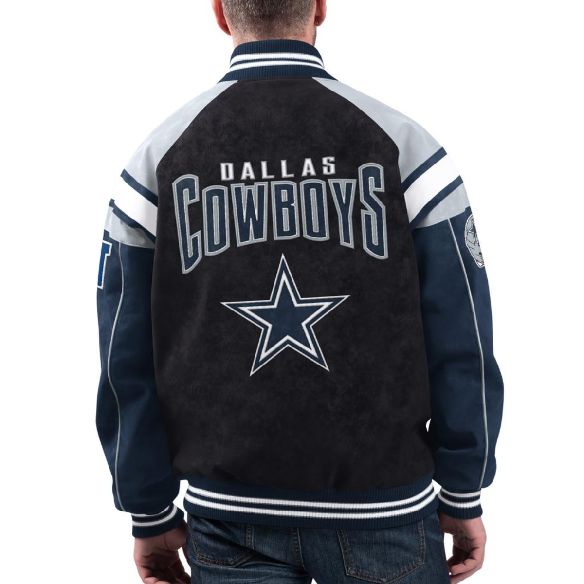 Dallas Cowboys Suede Raglan Full-Zip Bomber Varsity Jacke - Image 2
