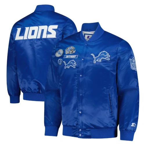 Detroit Lions Exclusive Full-Snap Blue Satin Varsity Jacket - Image 3