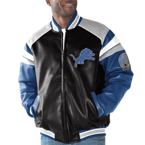 Detroit Lions Home Team Full Zip Black/Blue Leather Jacket