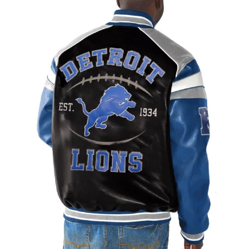 Alternative view of Detroit Lions Home Team Full Zip Black/Blue Leather Jacket