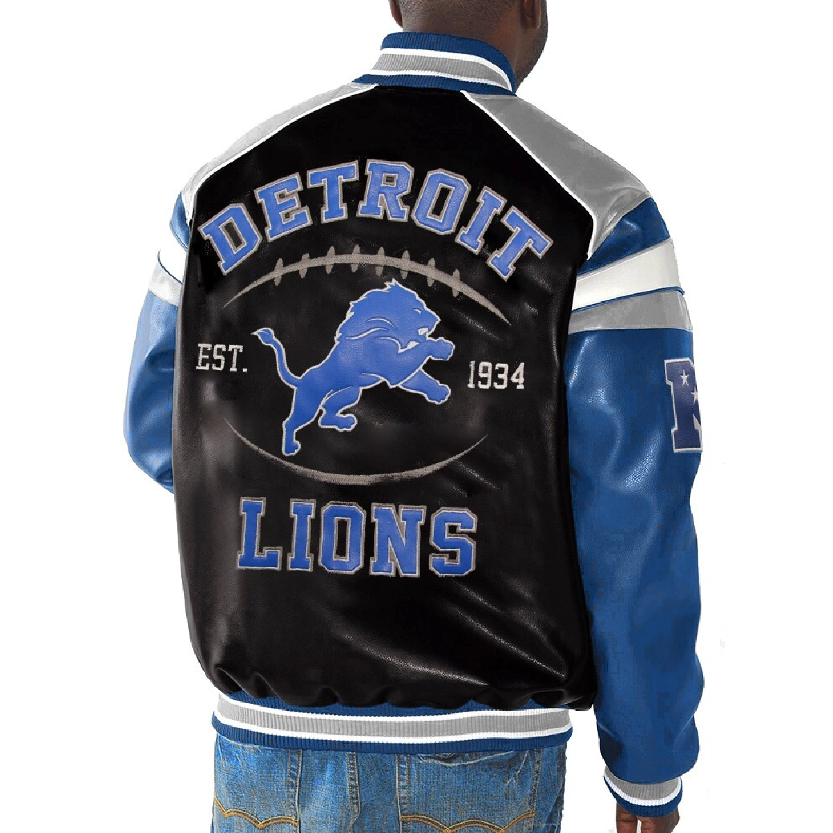 Detroit Lions Home Team Full Zip Black/Blue Leather Jacket - Image 2