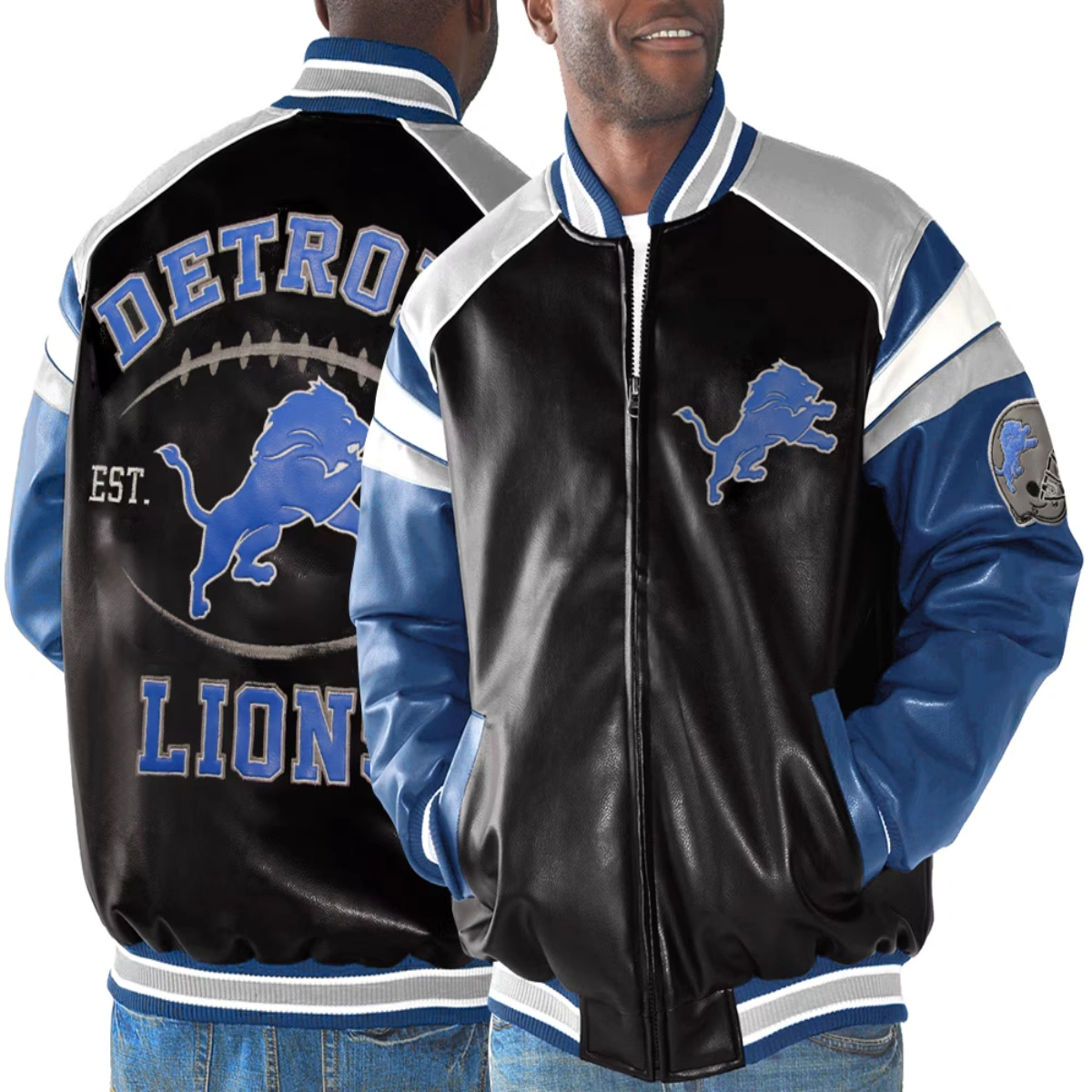 Detroit Lions Home Team Full Zip Black/Blue Leather Jacket - Image 7