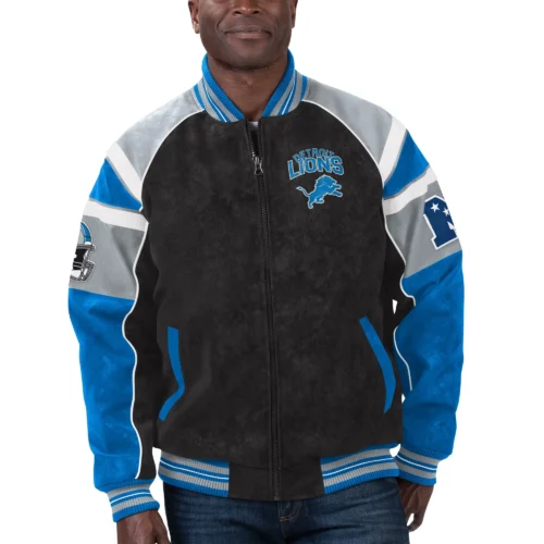 Detroit Lions Black/Blue Full-Zip Suede Leather Varsity Jacket