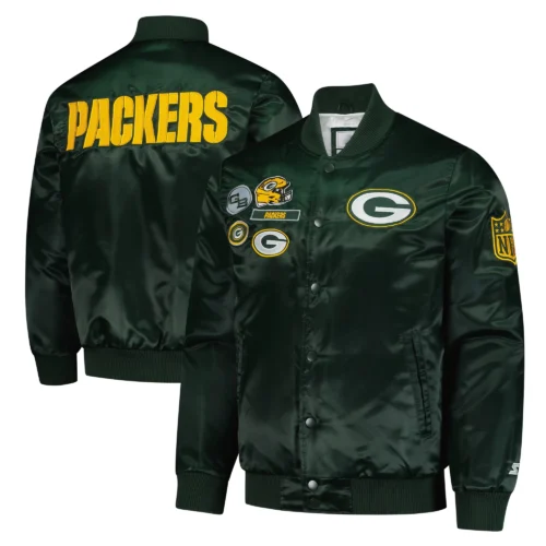 Green Bay Packers Exclusive Full-Snap Green Satin Varsity Jacket - Image 3
