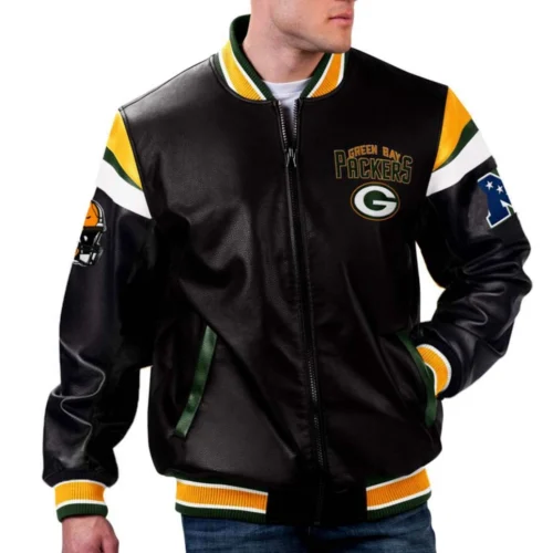 Green Bay Packers Black Full-Zip Leather Varsity Jacket