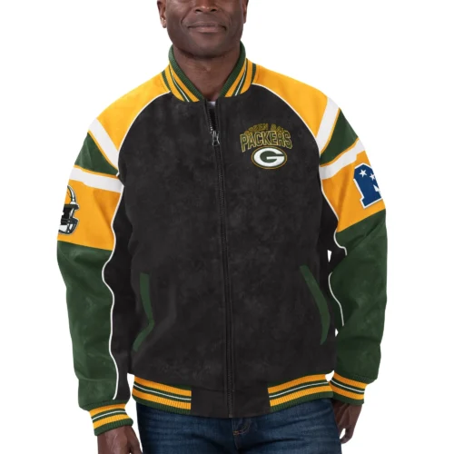 Green Bay Packers Suede Black/Green Full-Zip Suede Leather Varsity Jacket