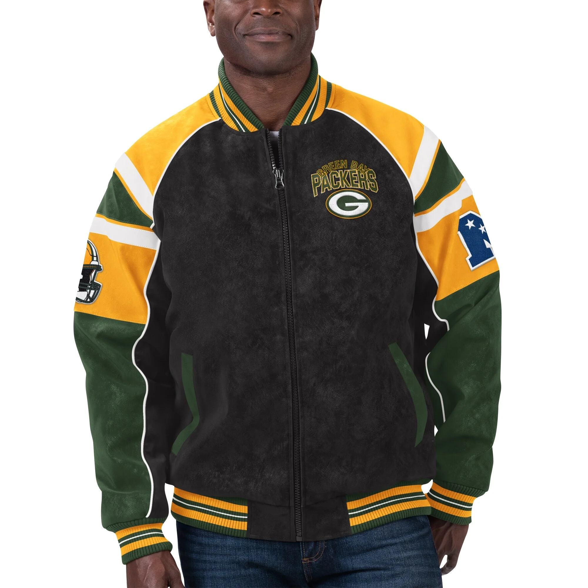 Green Bay Packers Suede Black/Green Full-Zip Suede Leather Varsity Jacket