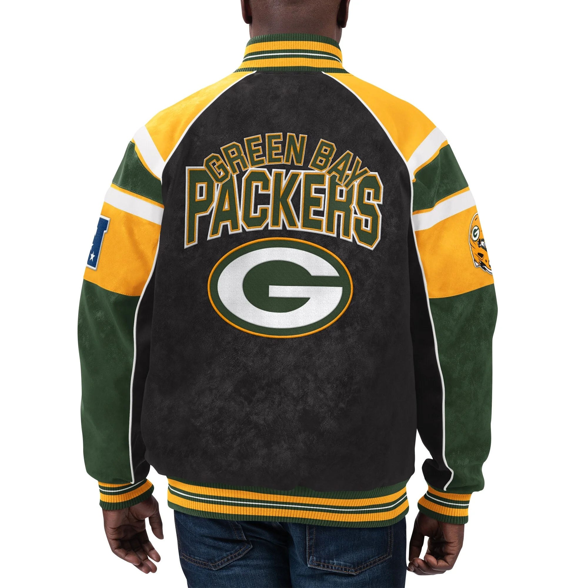 Green Bay Packers Suede Black/Green Full-Zip Suede Leather Varsity Jacket - Image 2