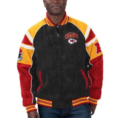 Kansas City Chiefs Suede Black/Red Full-Zip Suede Leather Varsity Jacket