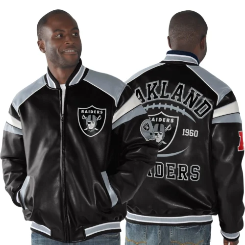 Las Vegas Raiders Home Team Full Zip Black/Silver Leather Jacket - Image 3