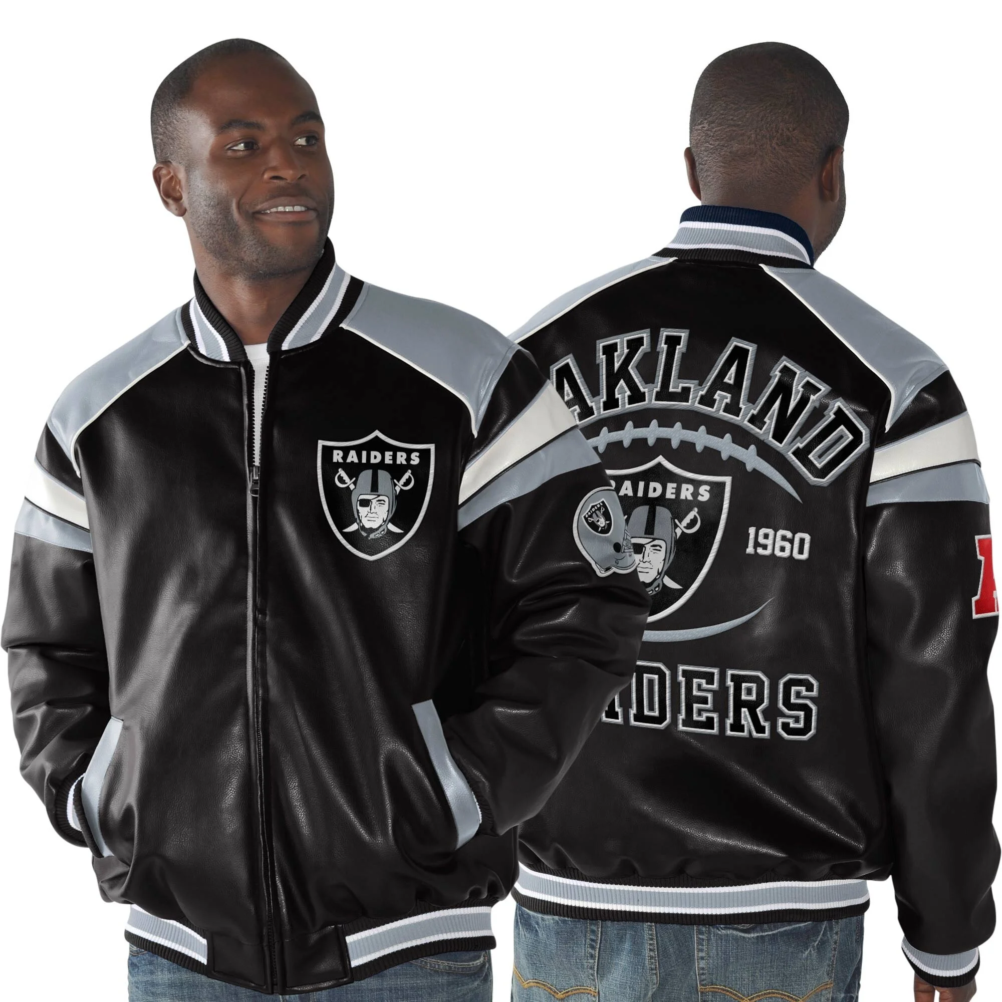 Las Vegas Raiders Home Team Full Zip Black/Silver Leather Jacket - Image 3