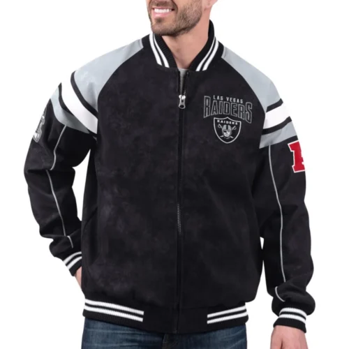 Las Vegas Raiders Suede Raglan Full-Zip Bomber Varsity Jacket