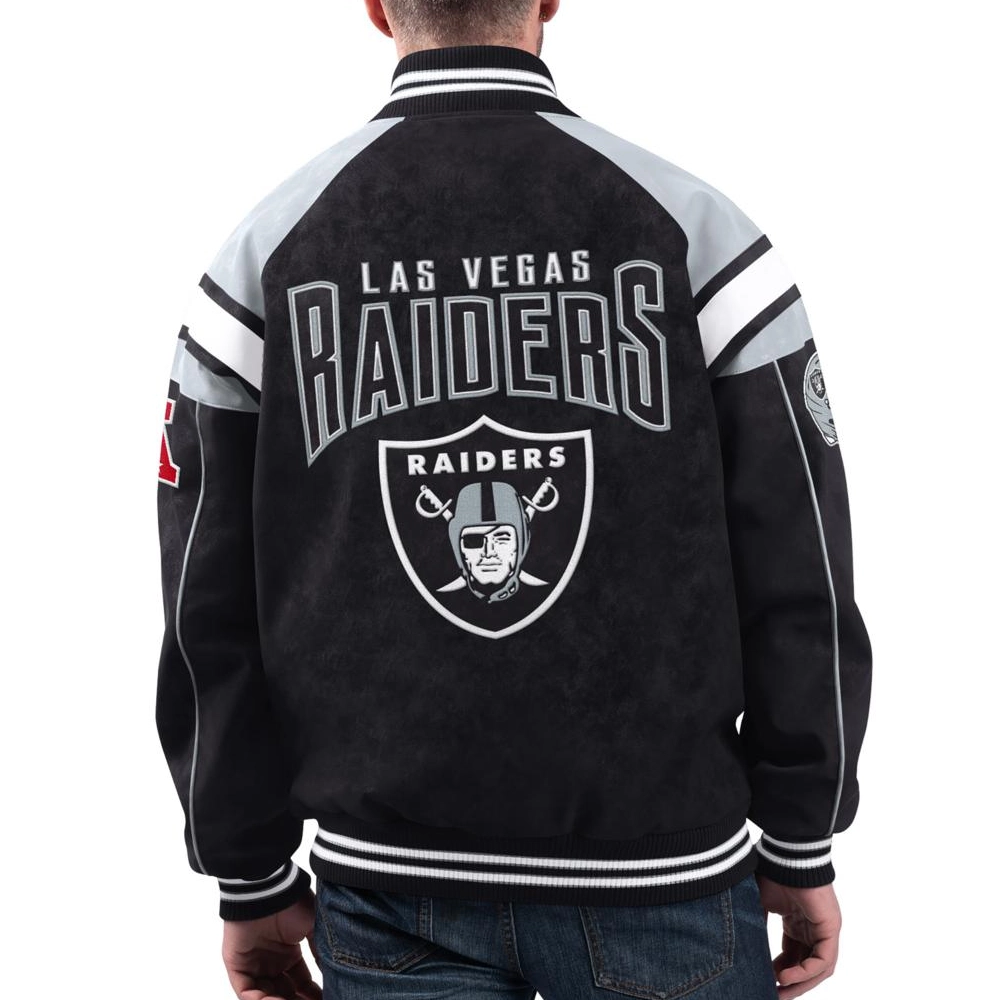 Las Vegas Raiders Suede Raglan Full-Zip Bomber Varsity Jacket - Image 2