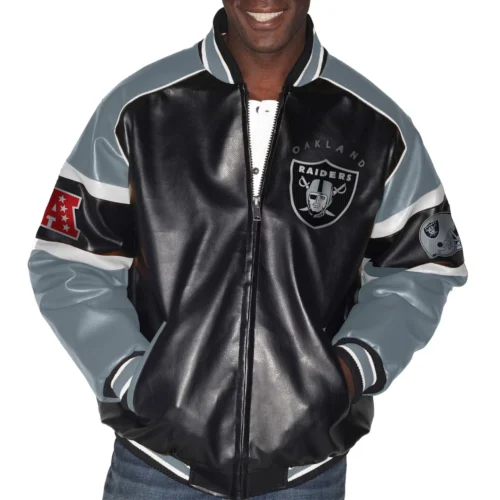 Las Vegas Raiders Vintage Leather Raglan Full Zipp Black/Gray Bomber Jacket