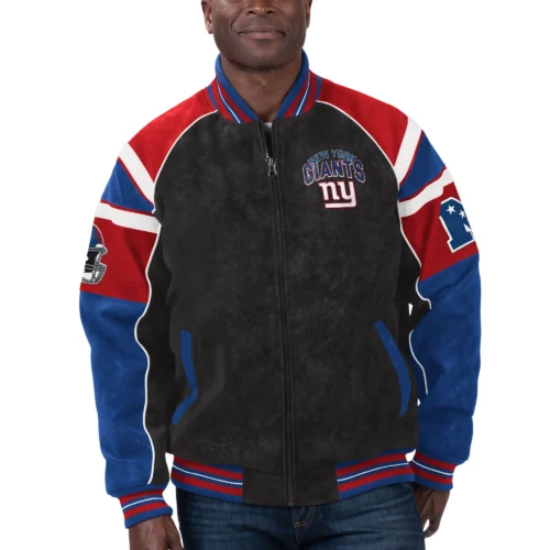 New York Giants Suede Black/Blue Full-Zip Suede Leather Varsity Jacket