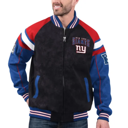 New York Giants Suede Raglan Full-Zip Bomber Varsity Jacket
