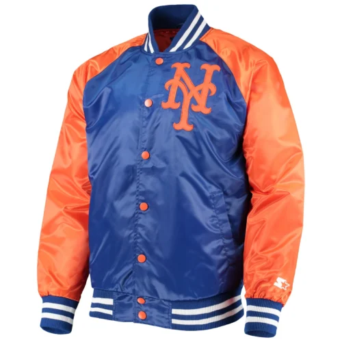 New York Mets Lead Off Full-Snap Satin Varsity Blue/Orange Jacket