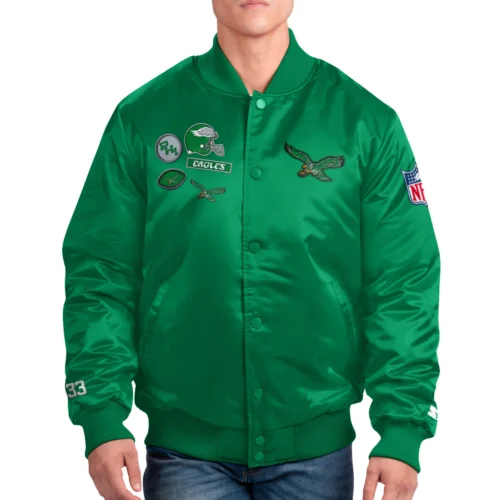 Philadelphia Eagles Exclusive Full-Snap Green Satin Varsity Jacket