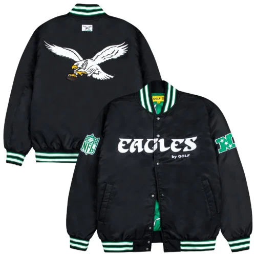 Philadelphia Eagles Golf Wang Wool & Leather Black Bomber Varsity Jacket - Image 3