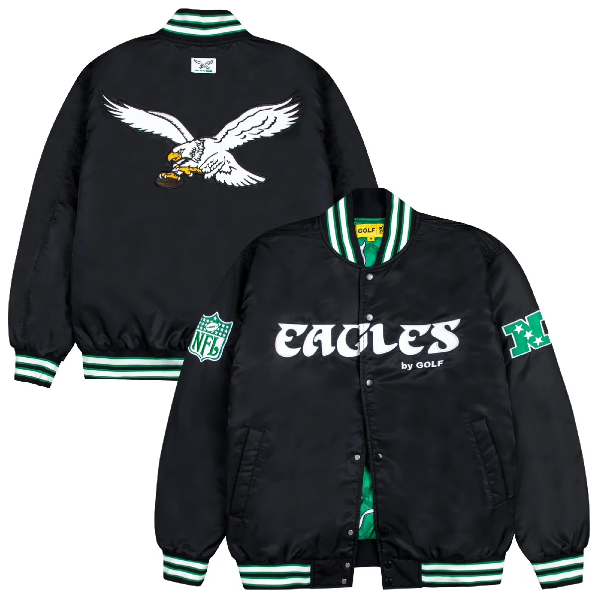 Philadelphia Eagles Golf Wang Wool & Leather Black Bomber Varsity Jacket - Image 3