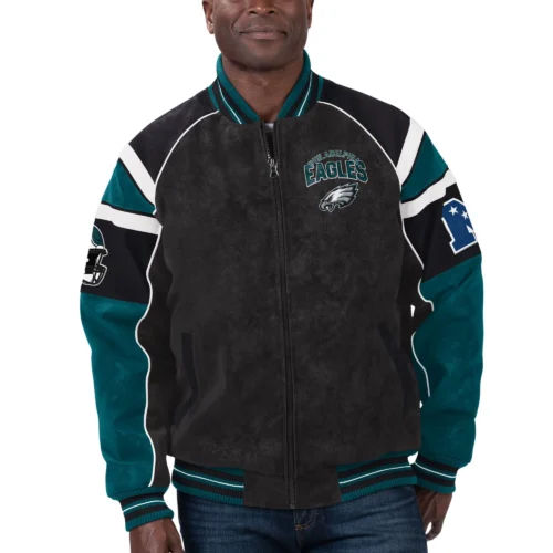 Philadelphia Eagles Black/Blue Full-Zip Suede Leather Varsity Jacket