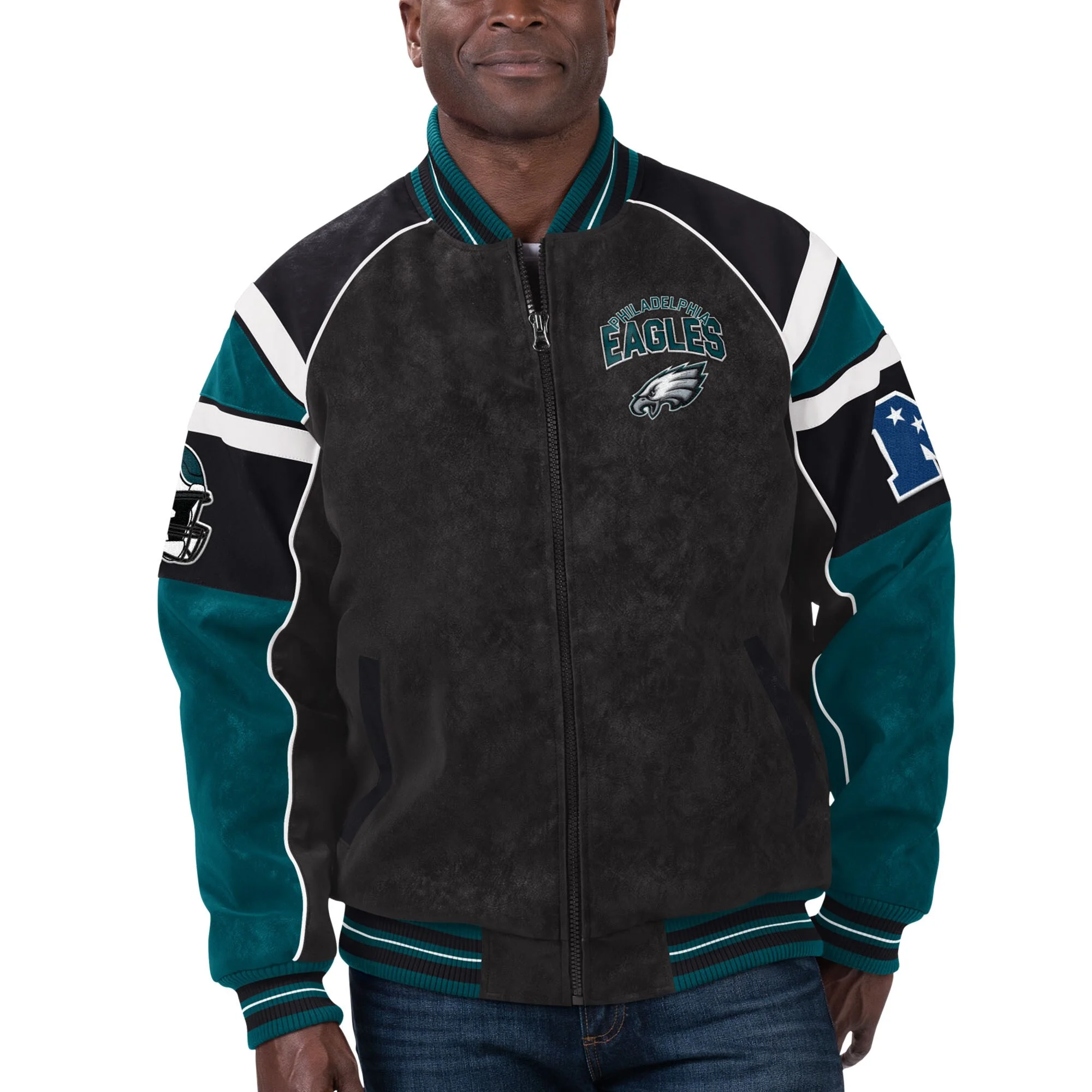 Philadelphia Eagles Black/Blue Full-Zip Suede Leather Varsity Jacket