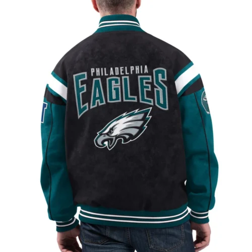Alternative view of Philadelphia Eagles Suede Raglan Full-Zip Bomber Varsity Jacket