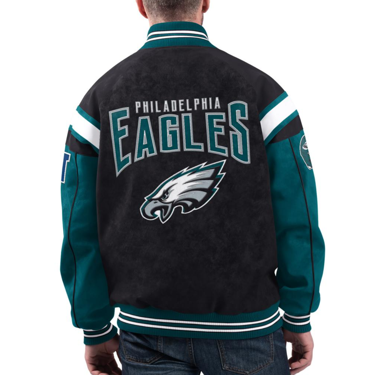 Philadelphia Eagles Suede Raglan Full-Zip Bomber Varsity Jacket - Image 2