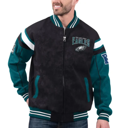 Philadelphia Eagles Suede Raglan Full-Zip Bomber Varsity Jacket