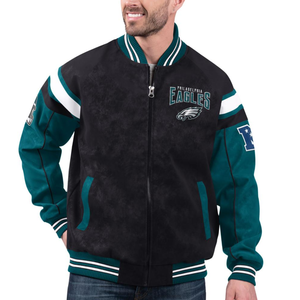 Philadelphia Eagles Suede Raglan Full-Zip Bomber Varsity Jacket