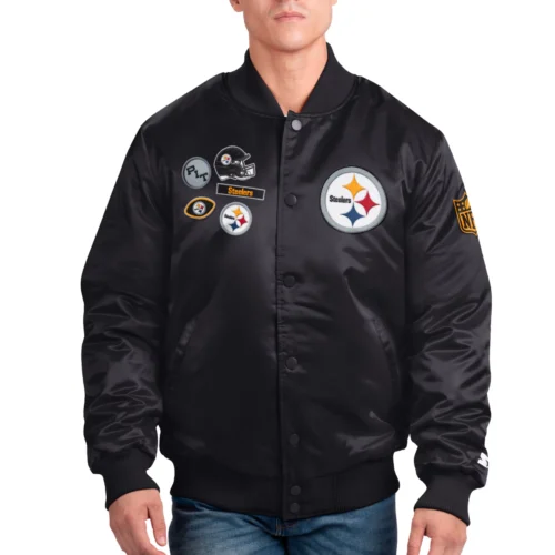 Pittsburgh Steelers Exclusive Full-Snap Black Satin Varsity Jacket