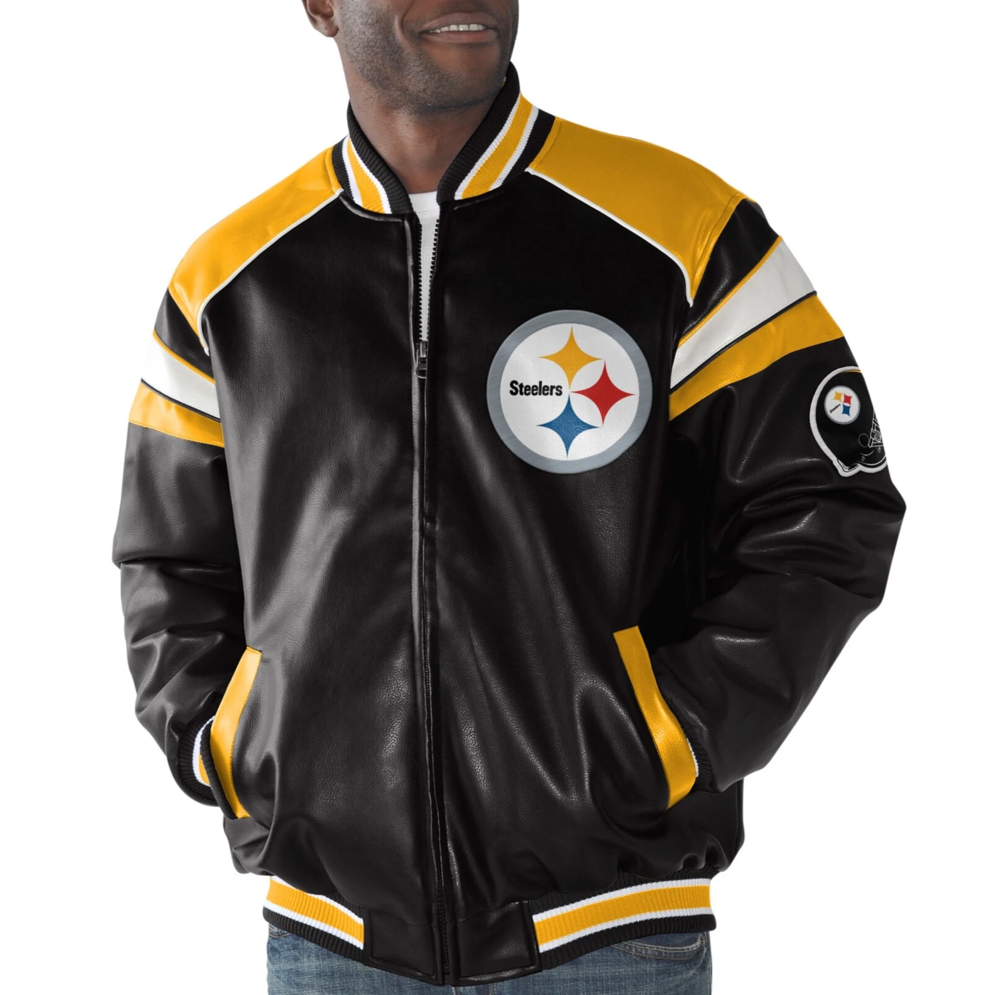 Pittsburgh Steelers Home Team Full Zip Black/Gold Leather Jacket