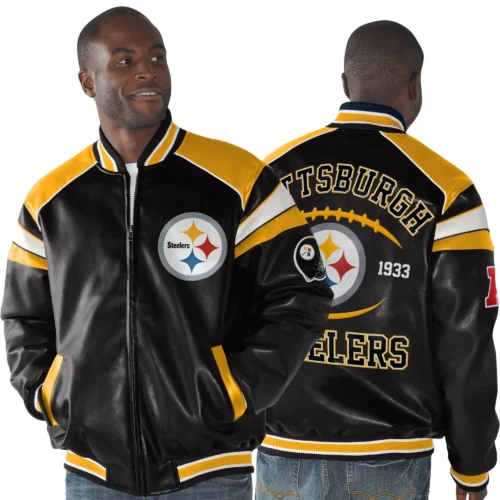 Pittsburgh Steelers Home Team Full Zip Black/Gold Leather Jacket - Image 3