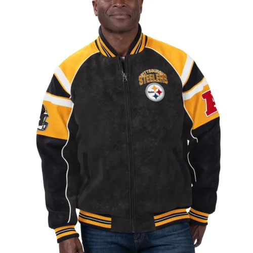Pittsburgh Steelers Suede Black Full-Zip Suede Leather Varsity Jacket