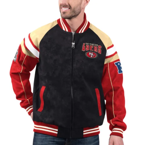 San Francisco 49ers Suede Raglan Full-Zip Bomber Varsity Jacket