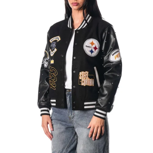 Woman's Pittsburgh Steelers Sparkle Black Wool & Leather Varsity Jacket