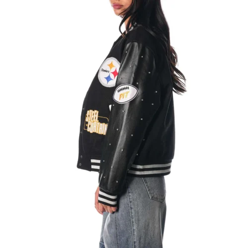 Alternative view of Woman's Pittsburgh Steelers Sparkle Black Wool & Leather Varsity Jacket